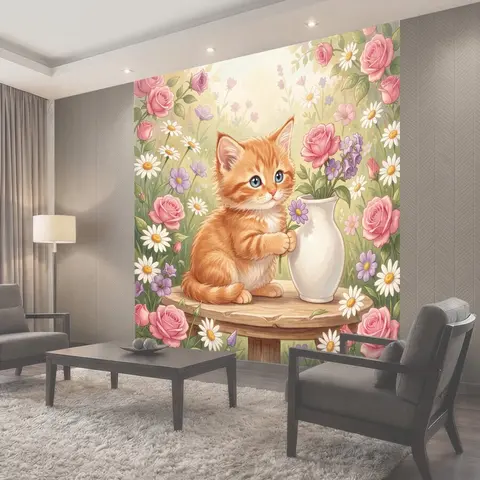 Фотообои Рыжий котёнок среди цветов