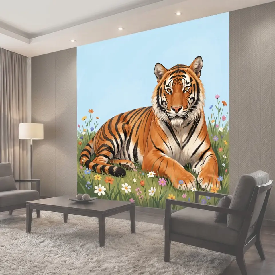 Фотообои Тигр среди весенних цветов