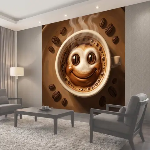Фотообои Смеющаяся чашка кофе с зернами