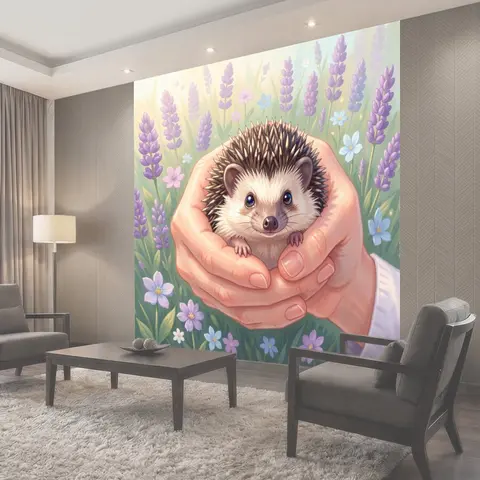 Фотообои Ёжик в ладонях среди цветов