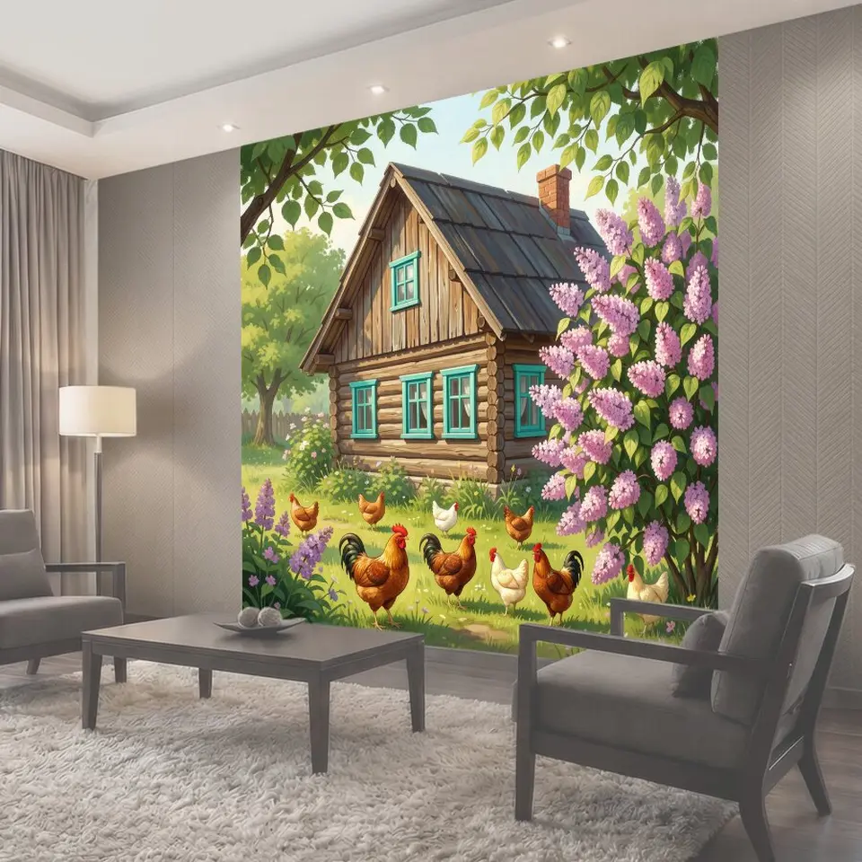 Фотообои Деревенский дом с курами и сиренью