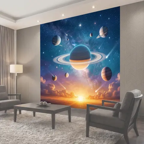 Фотообои Космические планеты над рассветом