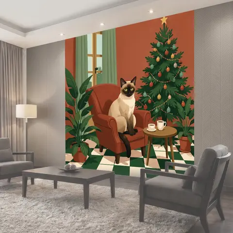 Фотообои Сиамский кот у нарядной ели