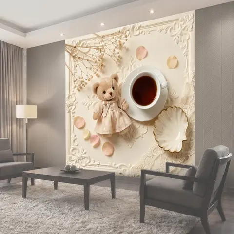 Фотообои Мишка с чашкой чая и лепестками