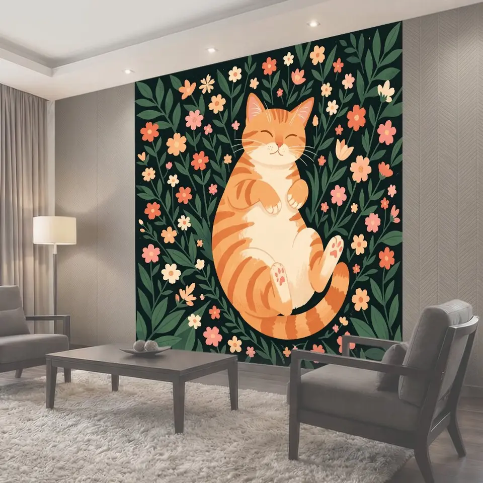 Фотообои Спящий кот среди цветов