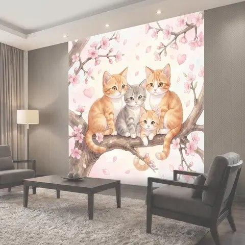 Фотообои Три кота на цветущей ветке