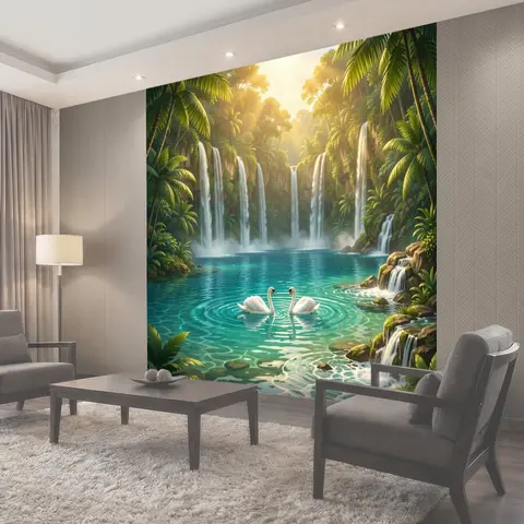 Фотообои Тропический водопад и лебеди
