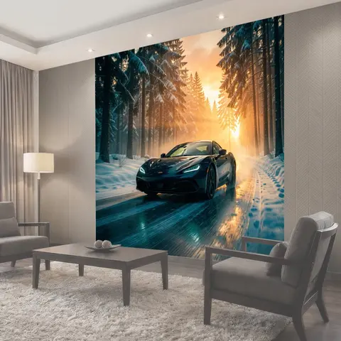 Фотообои Спортивное авто в зимнем лесу