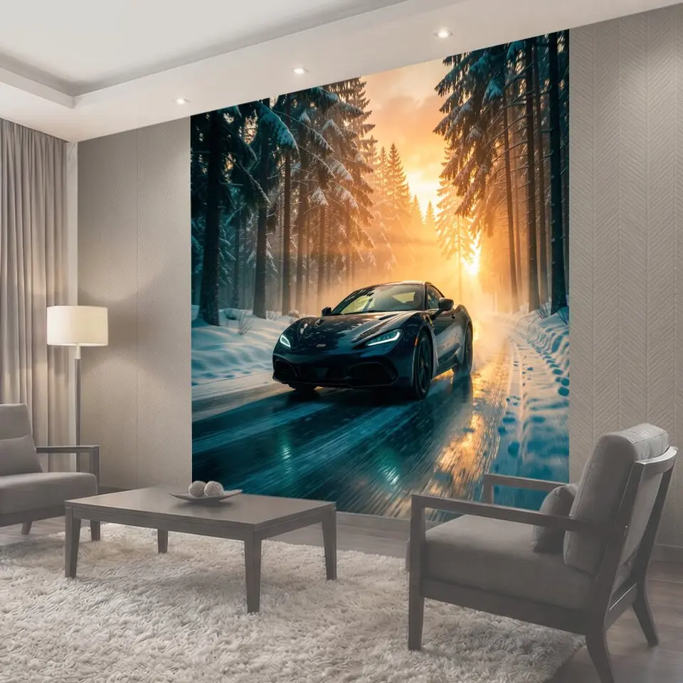 Фотообои Спортивное авто в зимнем лесу