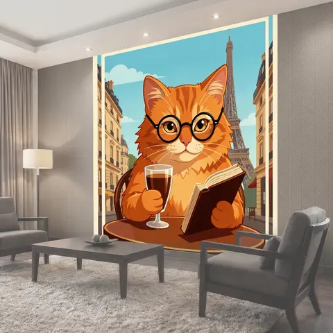 Фотообои Кот-читатель с бокалом у Эйфелевой башни
