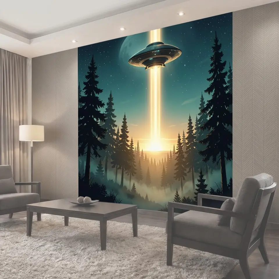 Фотообои Инопланетный свет над лесом