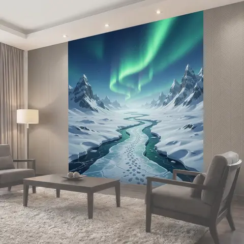 Фотообои Северное сияние над ледяными горами