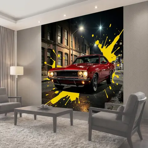 Фотообои Красный классический автомобиль ночью