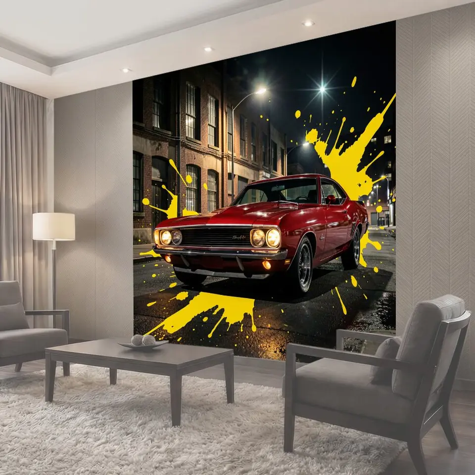 Фотообои Красный классический автомобиль ночью