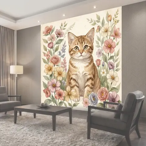 Фотообои Рыжий кот среди полевых цветов