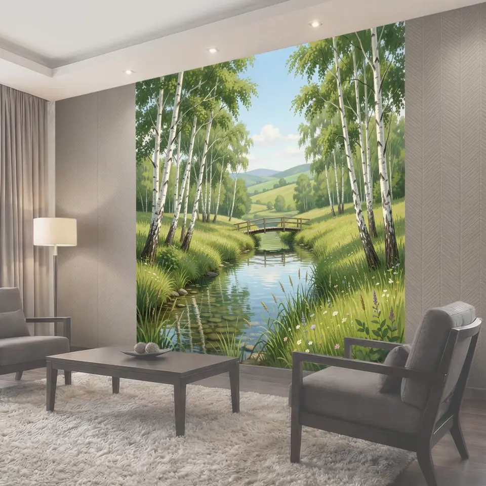 Фотообои Березовая роща у ручья