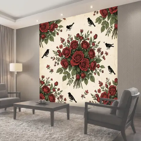 Фотообои Букет красных роз и птицы