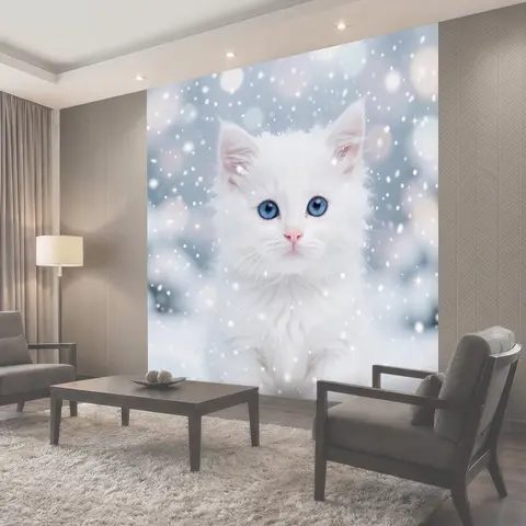 Фотообои Белая кошка среди снежных искр
