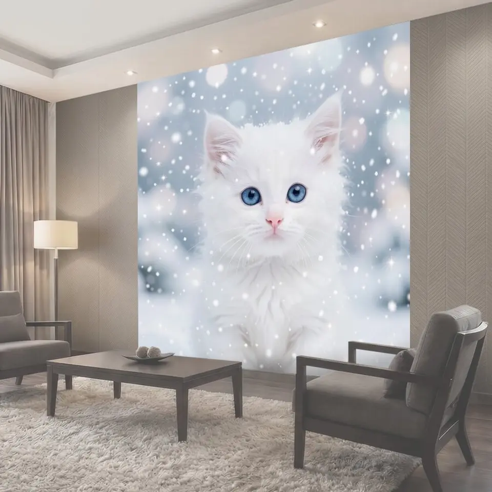 Фотообои Белая кошка среди снежных искр