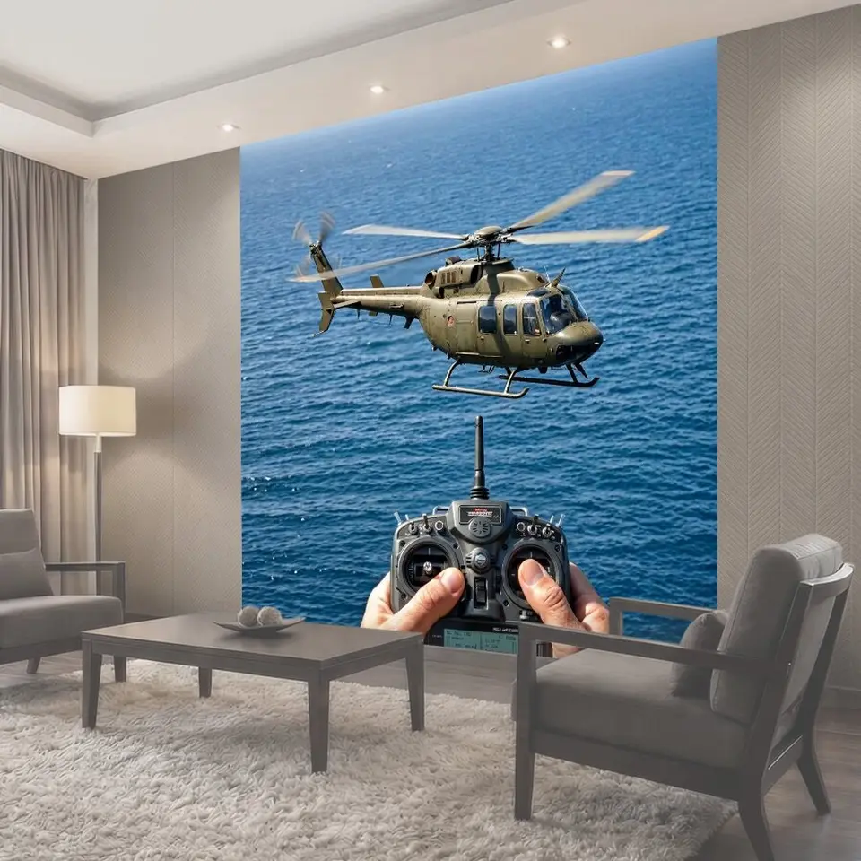 Фотообои Вертолет, смотрящий на морские просторы, с пультом управления, запечатленным на переднем плане