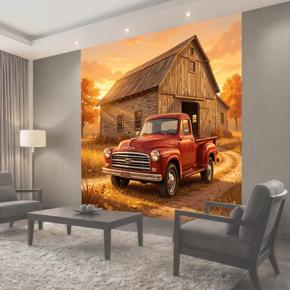 Фотообои Красный пикап у старого сарая