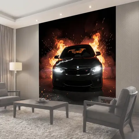 Фотообои Черный спортивный автомобиль в огне