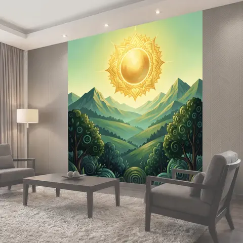 Фотообои Солнце над зелеными горами
