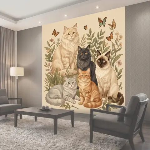 Фотообои Коты среди цветов и бабочек