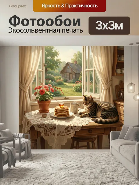Фотообои Уютный завтрак у окна. Тёплая деревенская сцена в солнечном свете: домашний стол с оладьями, мёдом, цветами и…