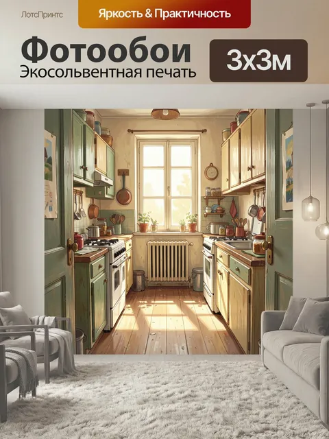 Фотообои Уютная винтажная кухня с солнцем. Светлый интерьер в ретро-стиле: узкая домашняя кухня с пастельными шкафами,…