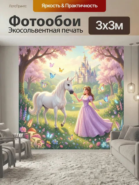 Фотообои Принцесса и единорог в саду. Сказочная иллюстрация: юная девушка в лавандовом платье рядом с белоснежным мифи…