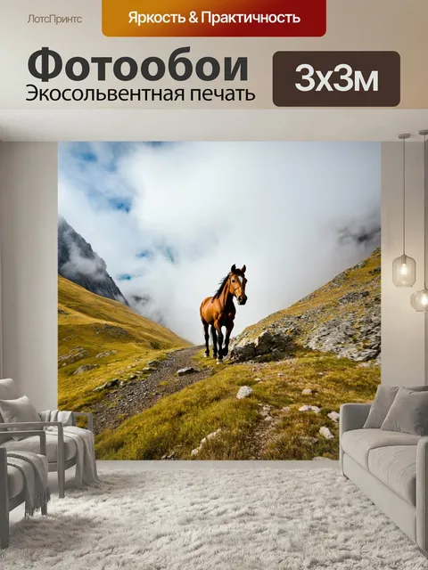 Фотообои Лошадь, преодолевающая горную перевалку, с облаками вокруг