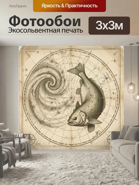 Фотообои Рыба и морская карта. Старинная навигационная иллюстрация с крупной рыбой, звездными созвездиями и круговой к…