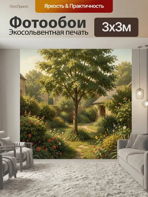 Фотообои Солнечный сад с деревом. Уютный уголок с извилистой тропинкой, цветущими кустами и зелёной листвой у загородн…