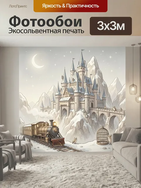 Фотообои Снежный замок с паровозом. Сказочная зимняя иллюстрация: волшебная крепость в горах, луна, звезды, мосты, сов…