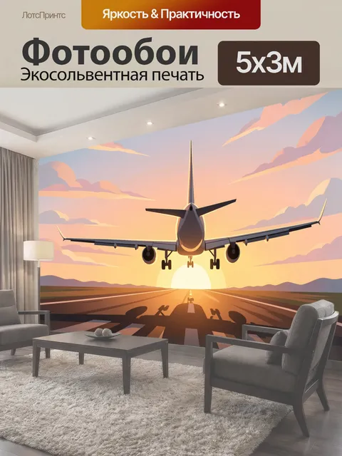 Фотообои Самолет над взлетной полосой на закате