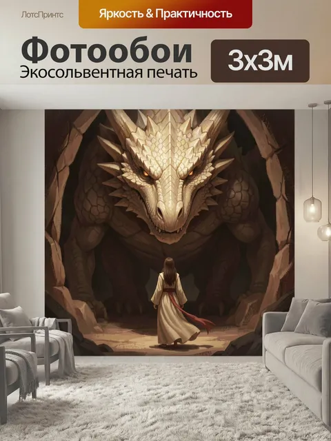 Фотообои Девушка перед древним драконом. Фэнтезийная сцена: юная путница в светлом одеянии стоит у входа в пещеру напр…