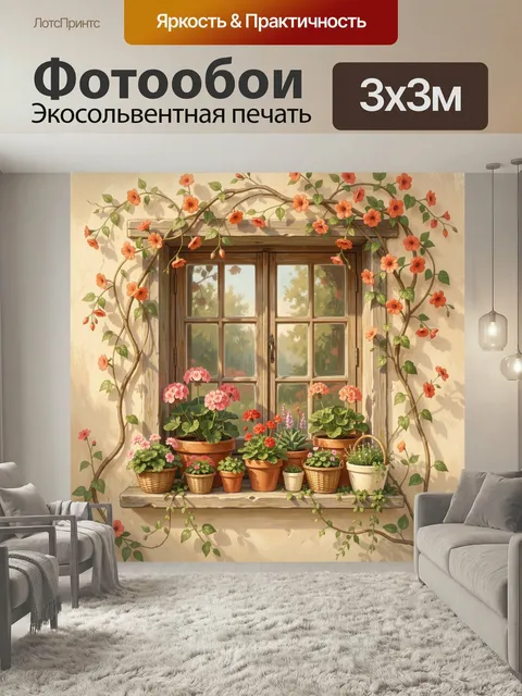 Фотообои Окно с цветущей лианой. Солнечный деревенский фасад с деревянной рамой, оплетённой оранжевыми лепестками; на …