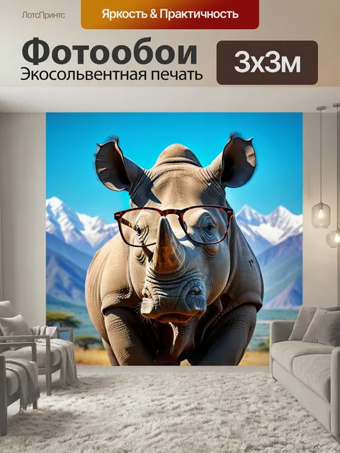 Фотообои Носорог в очках, позирующий на фоне гор