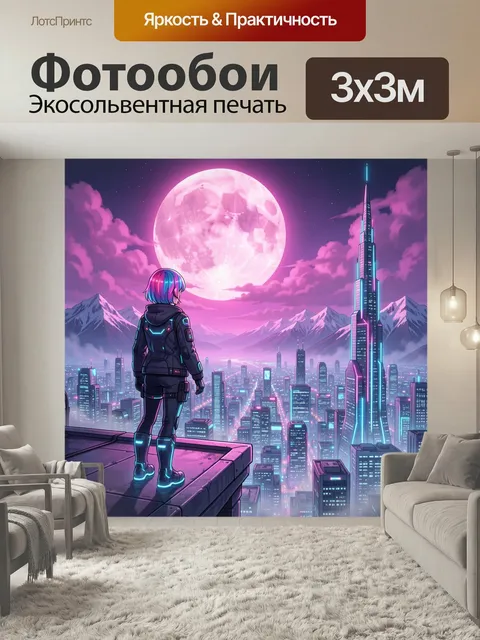 Фотообои Неоновый город под луной. Футуристический мегаполис в розово-голубых оттенках: одинокий персонаж на крыше, ги…