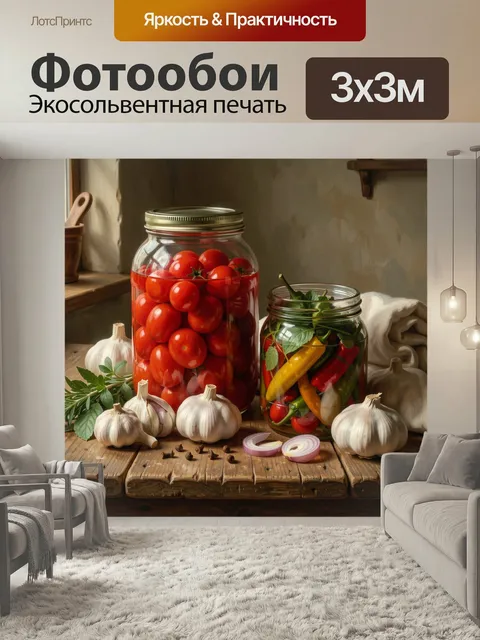 Фотообои Домашние заготовки с овощами. Натюрморт в тёплых природных тонах: стеклянные банки с красными томатами и разн…