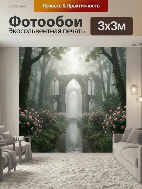Фотообои Таинственный лес с густой зеленью и цветущими розовыми кустами по обеим сторонам узкой водной дорожки, ведуще…