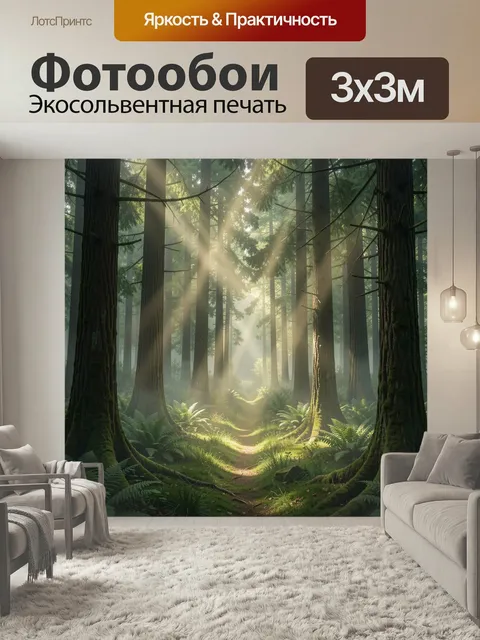 Фотообои Солнечный лес с тропой. Густой хвойный массив с высокими стволами, папоротниками и мягкими лучами света сквоз…