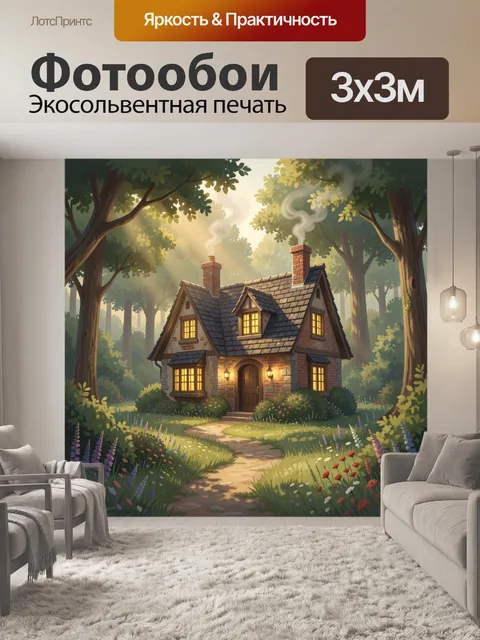 Фотообои Уютный дом в лесной чаще. Сказочный загородный коттедж среди высоких деревьев, тёплый свет из окон, дым из тр…
