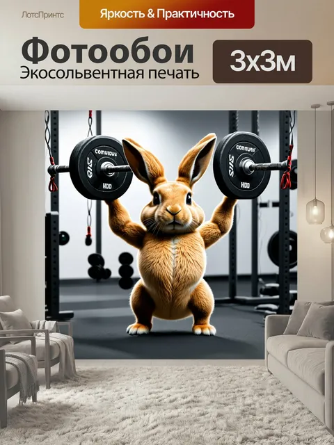 Фотообои Забавный заяц, поднимающий тяжелые весы в спортзале с усердным выражением лица и рядом весомых проводов и обо…