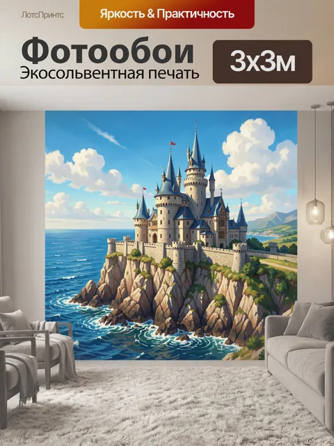 Фотообои Замок на скалистом побережье. Фэнтезийный каменный замок с башнями на утёсах у моря: голубая гладь волн, скал…