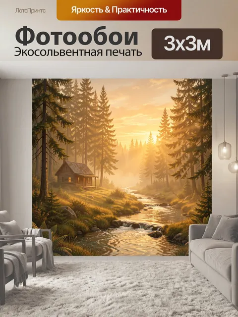 Фотообои Лесная долина на тёплом закате. Солнечный пейзаж хвойного леса: тёплый золотой свет сквозь сосны, извилистый …