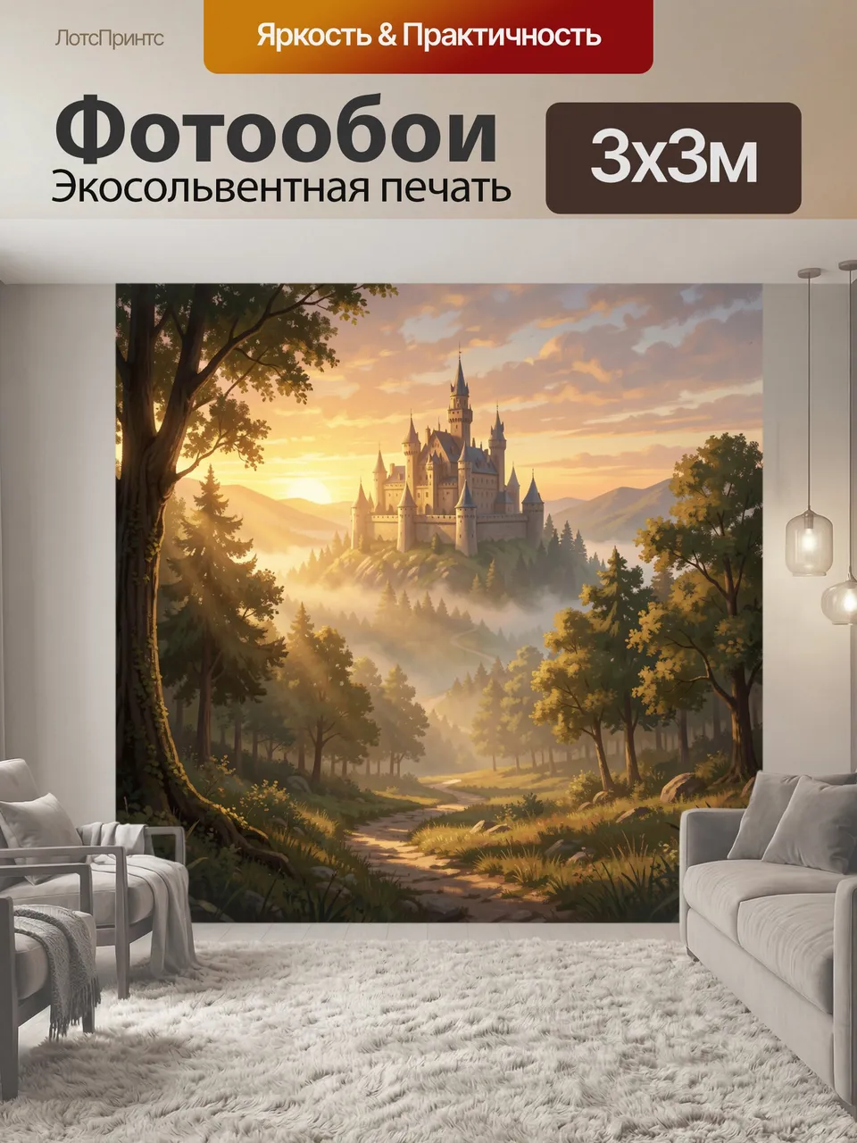 Фотообои Замок на холме в тумане. Фэнтезийный замок с башнями над долиной среди хвойных лесов; золотистый расс…