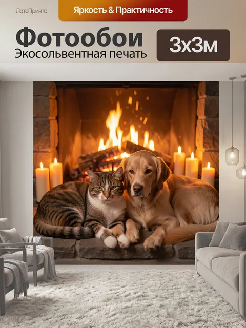 Фотообои Кот и пёс у камина. Уютная сцена у огня: полосатый кот и золотистый пёс лежат рядом на каменной полке у камин…