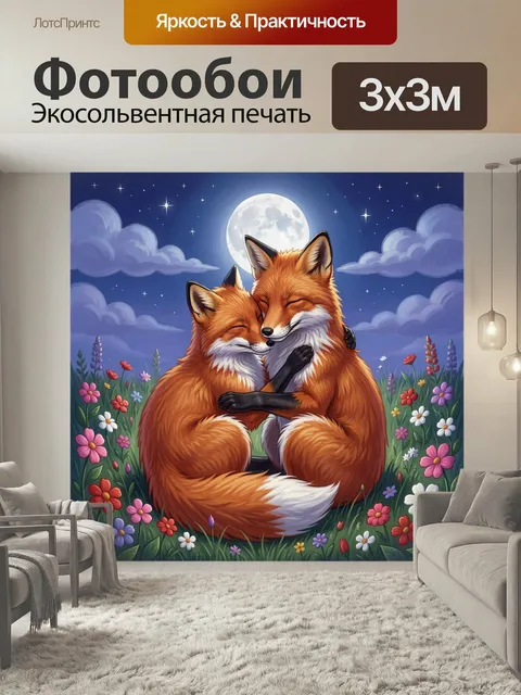 Фотообои Лисы в луговых цветах ночью. Две рыжие лисицы нежно обнимаются на фоне звездного неба и яркой луны, вокруг по…
